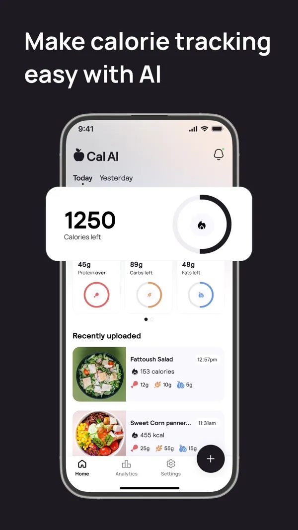 Cal AI App Store screenshot of its home screen: calories left, macros and recently uploaded meal photos.
