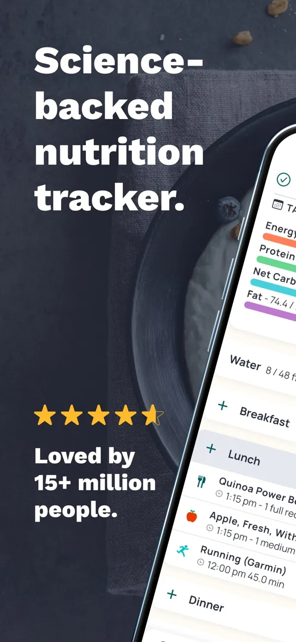 Cronometer App Store screenshot of its diary with energy, protein and net carb targets.