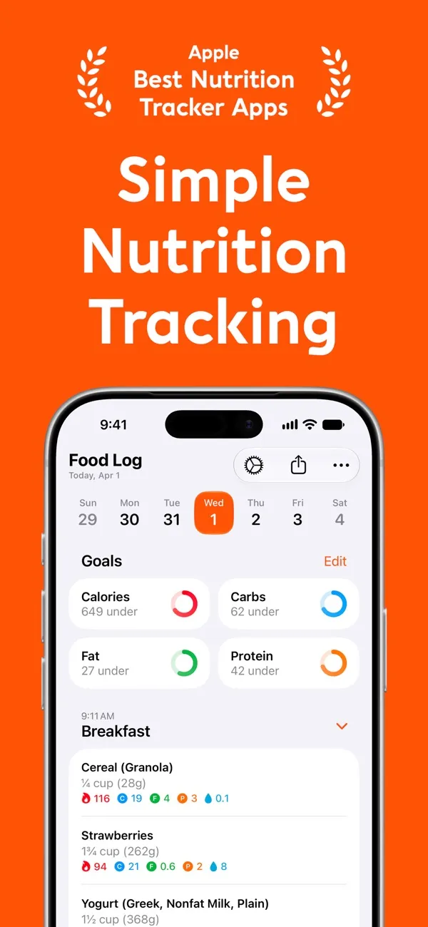 FoodNoms App Store screenshot of its food log with calorie and macro goals and the day's breakfast.