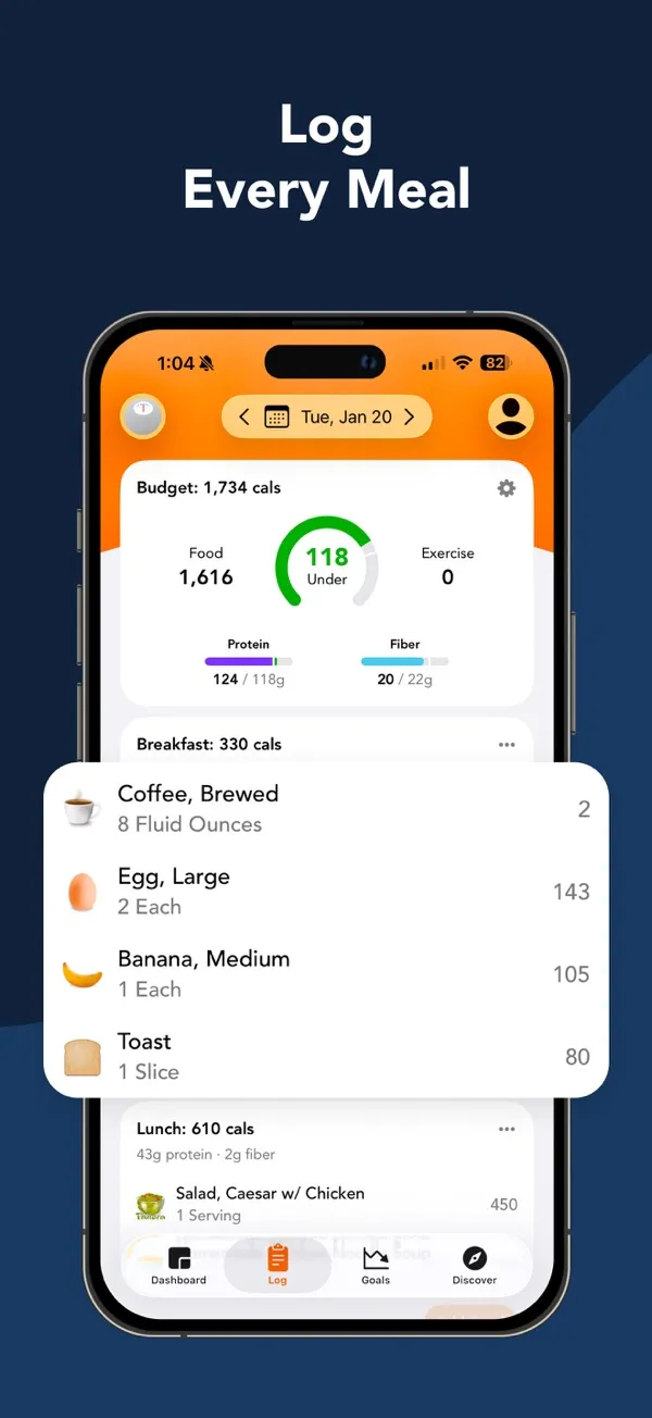 Lose It! App Store screenshot of its food log: the day's budget and breakfast items entered one by one.