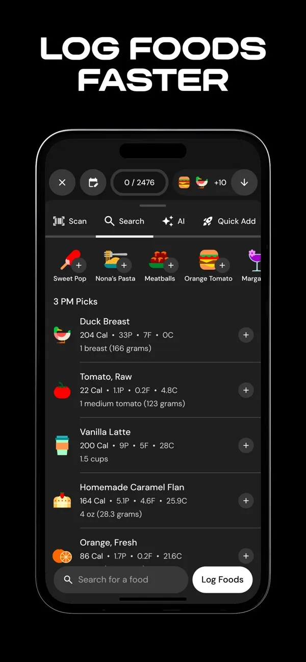 MacroFactor App Store screenshot of its food search, a list of foods with their macros.