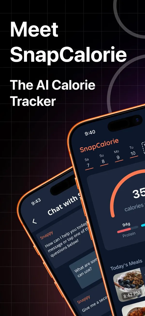 SnapCalorie App Store screenshot of its AI chat and calorie tracker screens.