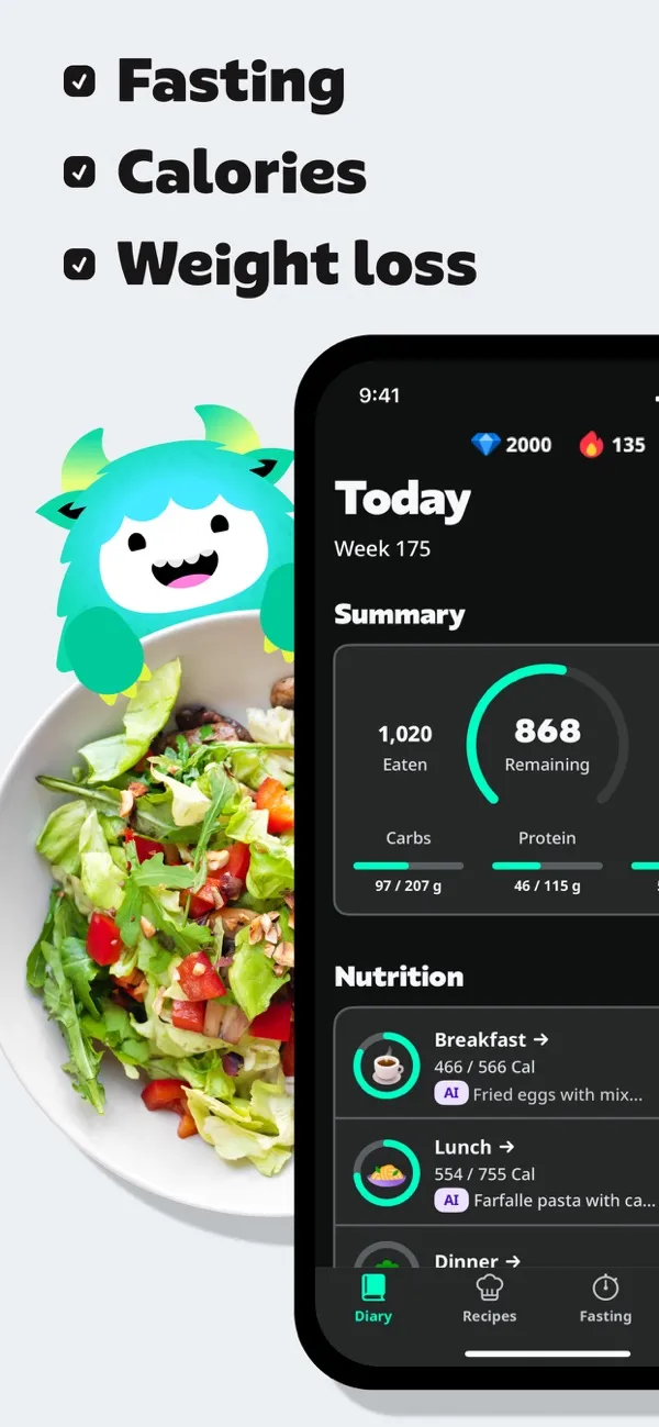YAZIO App Store screenshot of its Today screen: calories eaten and remaining, and the day's meals.