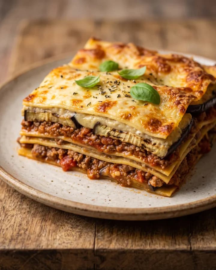 Aubergine lasagne with protein béchamel