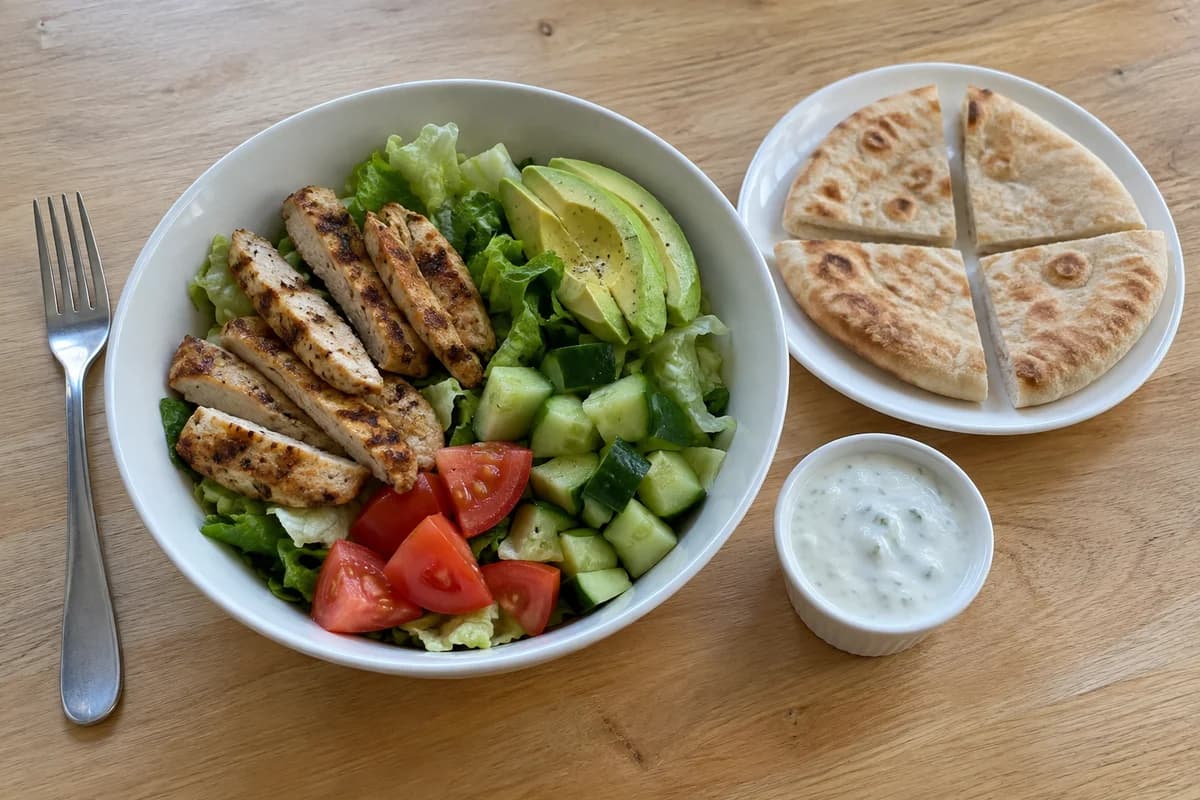 A chicken bowl seen from above, a fork beside it for scale