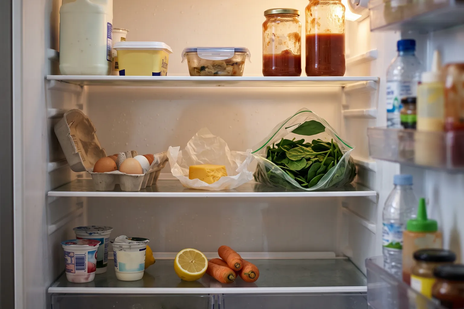 An open fridge on a weekday evening: eggs, a block of cheddar and a bag of spinach on the middle shelf