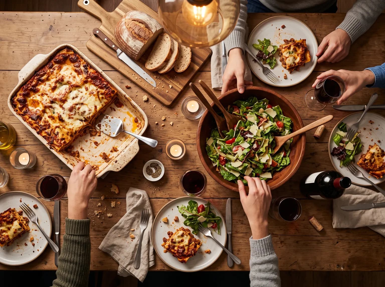 A friends' dinner table from above: a dish of lasagne, a salad bowl, bread and red wine