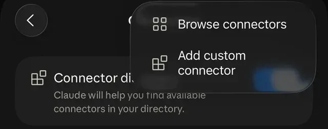 The Connectors screen with its menu open on Add custom connector.