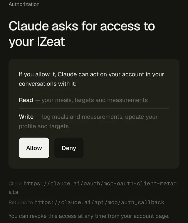 IZeat's authorization page: Claude asks for read and write access, with Allow and Deny.