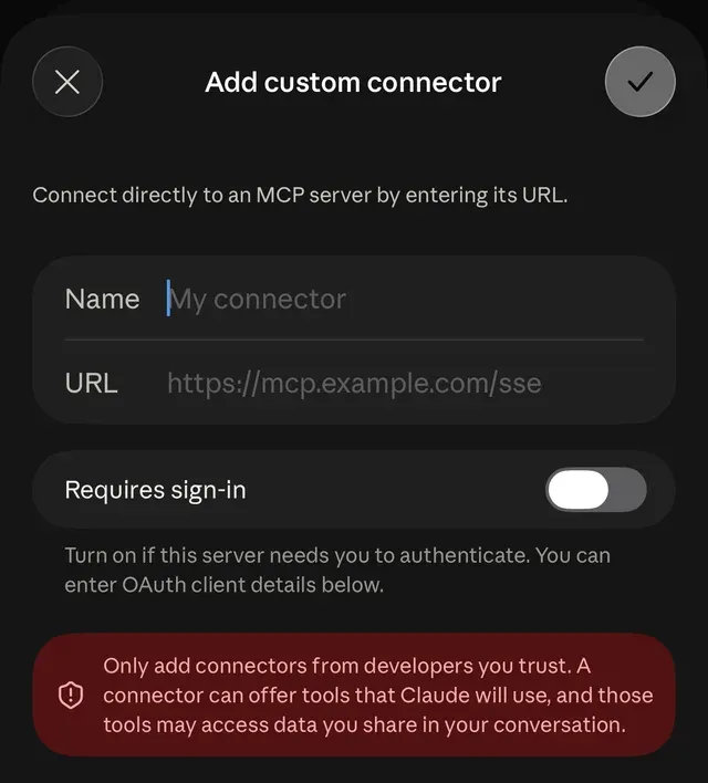 The Add custom connector form: Name, URL, and a Requires sign-in switch.