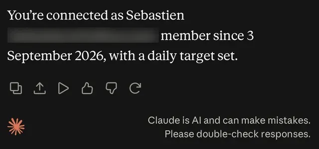 Claude's reply naming the connected account, when it started, and that a target is set.