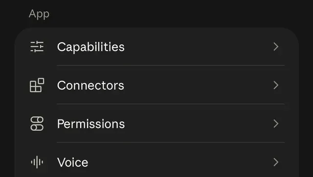 Claude's settings, App section, with a Connectors row.