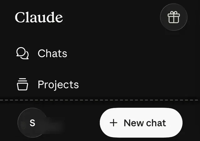 The Claude sidebar: the wordmark and first rows at the top, the initial and New chat at the bottom.